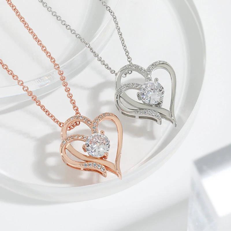 Zircon Double Love Necklace with Rhinestones ðŸ’– Sparkling heart-shaped design for timeless elegance!