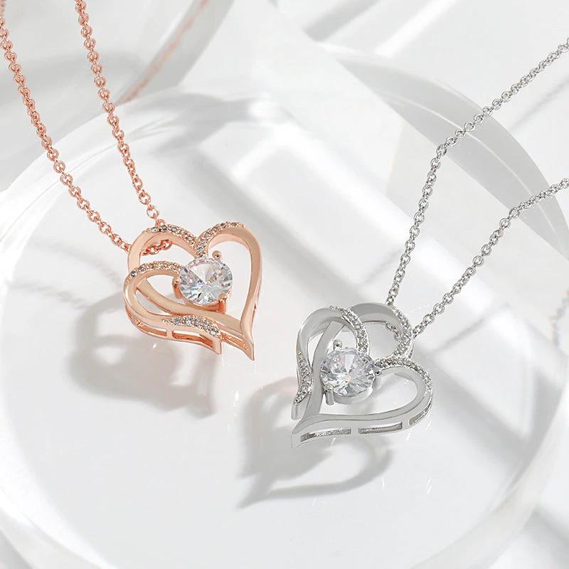 Zircon Double Love Necklace with Rhinestones ðŸ’– Sparkling heart-shaped design for timeless elegance!