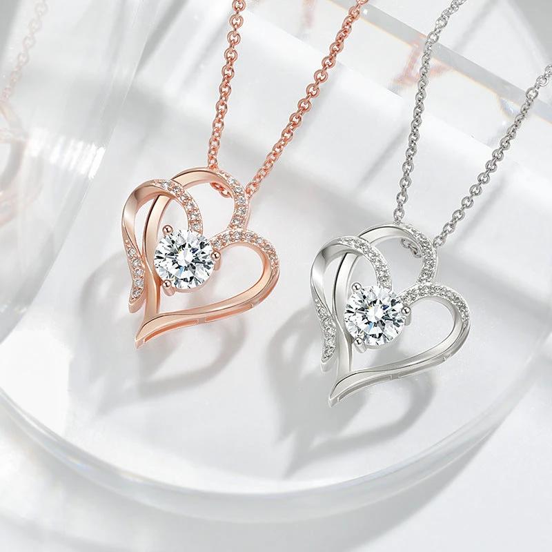 Zircon Double Love Necklace with Rhinestones ðŸ’– Sparkling heart-shaped design for timeless elegance!